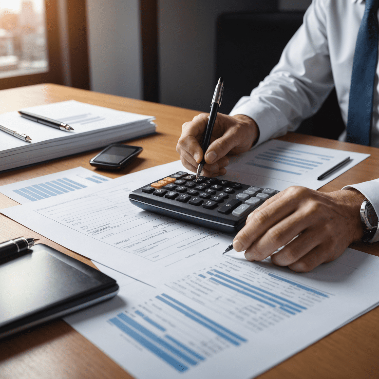 A professional accountant working on financial documents with a calculator and pen