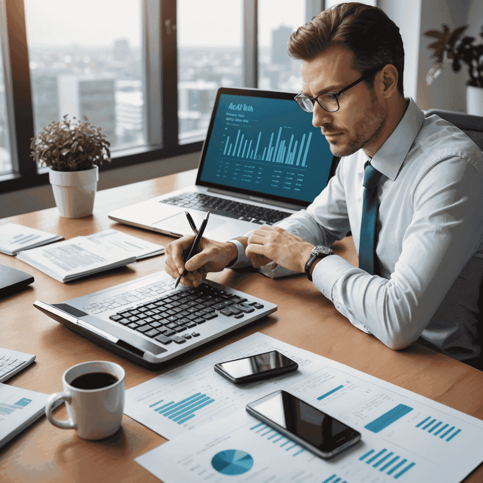 A professional accountant working at a desk with a calculator, financial reports, and a laptop displaying accounting software