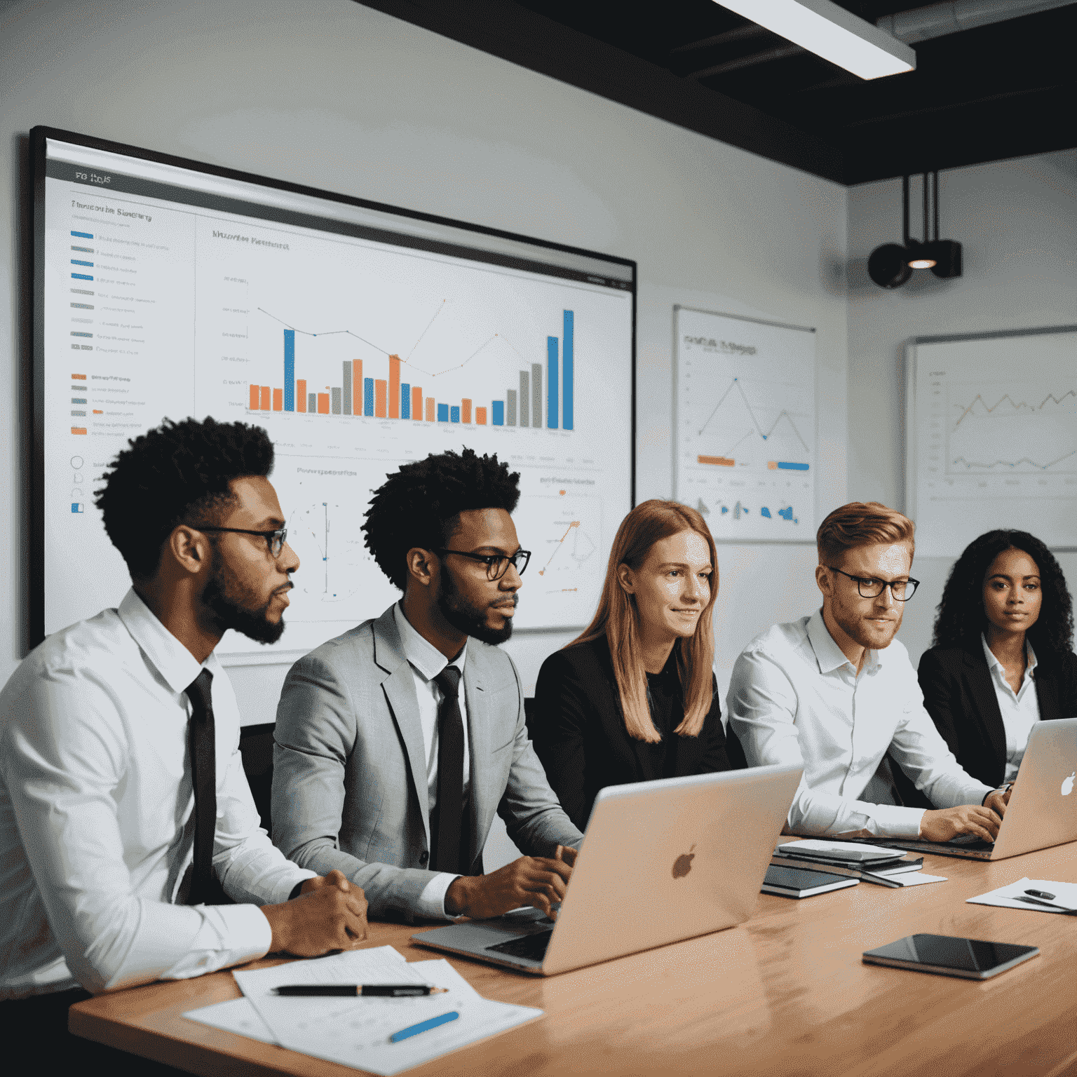 A team of young entrepreneurs in a modern office space, working together on laptops and discussing business plans, with a whiteboard in the background showing financial projections and growth charts