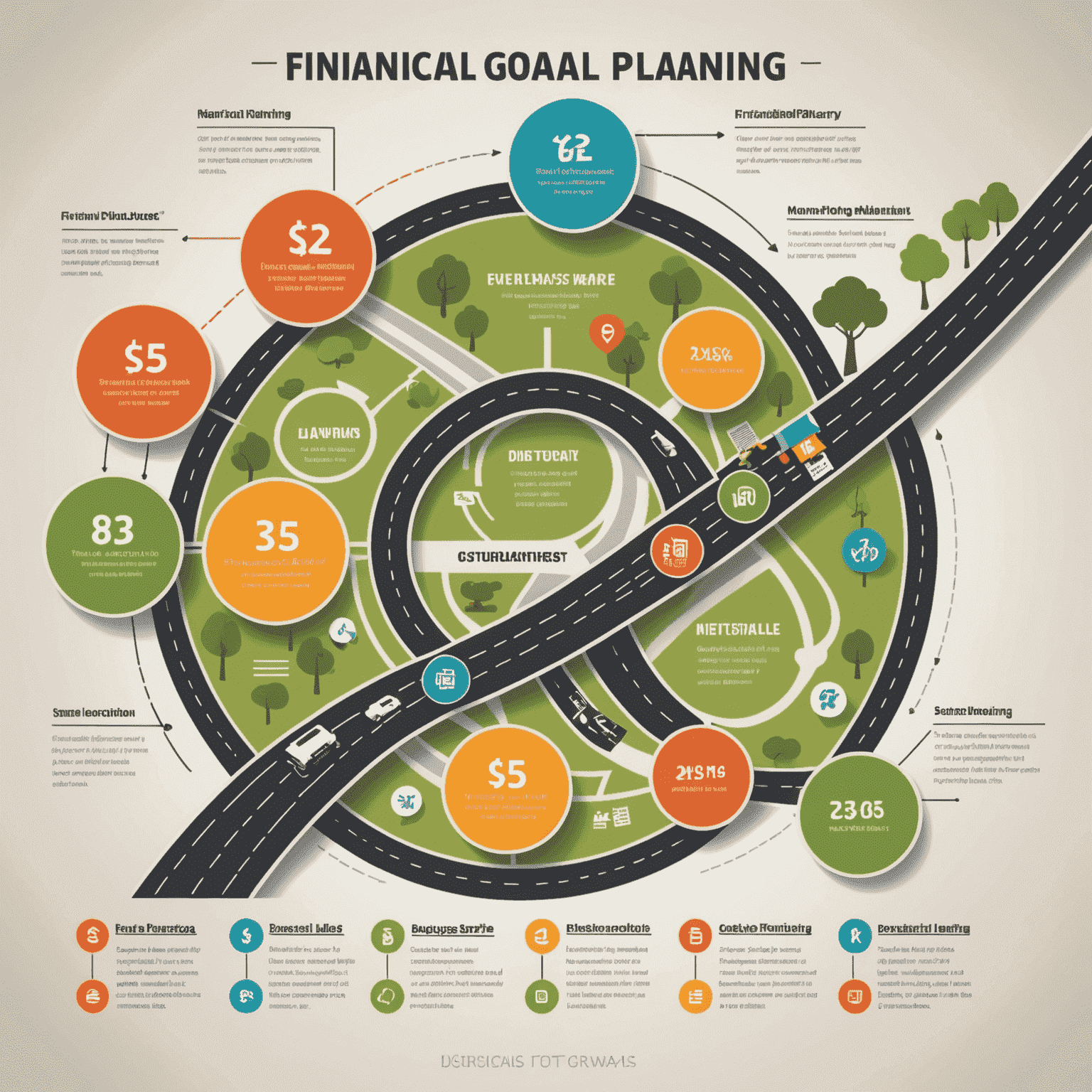 A roadmap diagram illustrating the key steps in financial planning for small businesses, including setting goals, analyzing cash flow, creating budgets, and monitoring progress